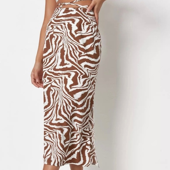 Missguided zebra print tie waist midi brown skirt with slit (size 6/M) - Picture 3 of 6